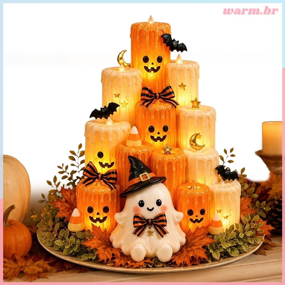 Vela LED Cintilante De Abóbora De Halloween Sem Chama Âmbar Brilho Fantasma Morcego Decoração Interna [waroom.br]