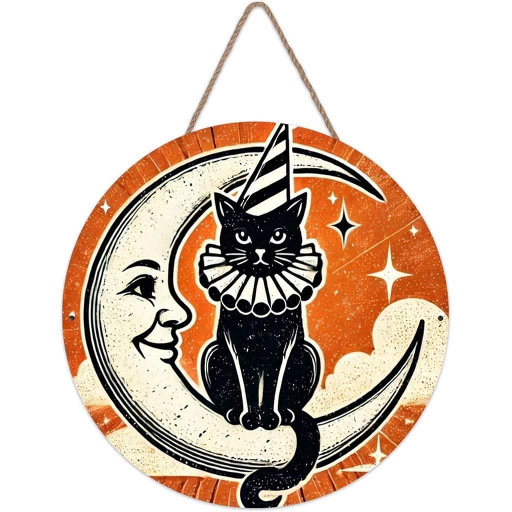 Decoração de Gato para Halloween, Decoração de Parede Vintage Gótica com Gato Preto e Lua, Placa de Boas-Vindas de Madei