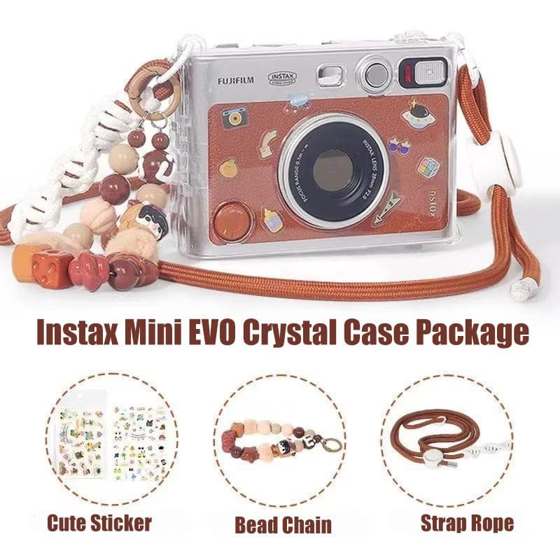 ReadyStock | Fujifilm Instax Mini Evo Clear Case Capa Protetora Com Protetor De Tela , Alça De Corda + Corrente + Adesiv