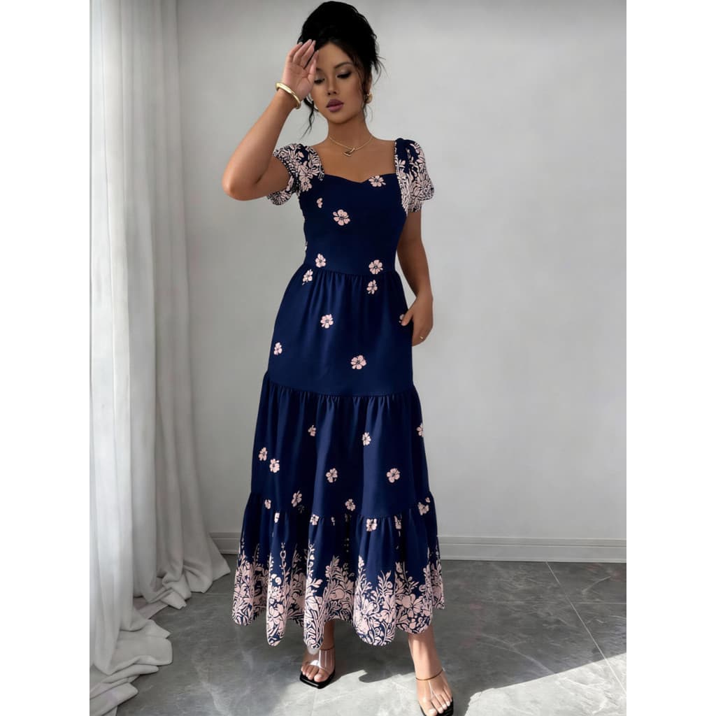 Vestido Elegante Longo Feminino Estampa Manga Curto