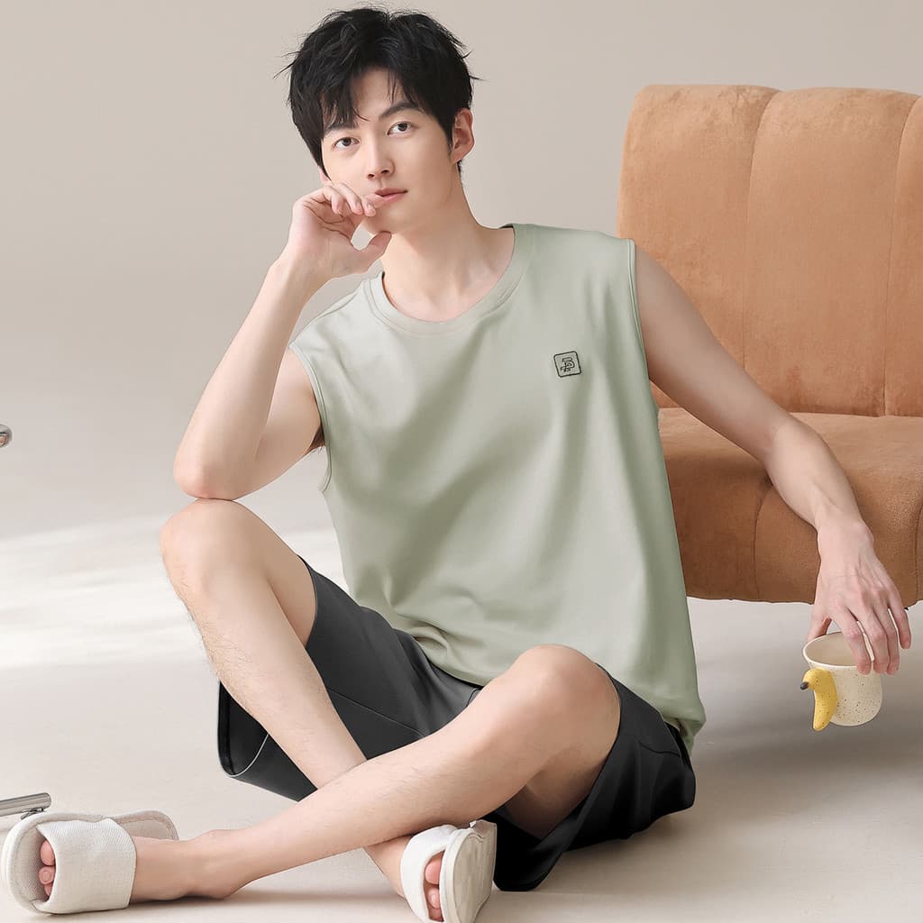 Verão novo estilo puro algodão masculino colete Shorts terno pijamas esportes casuais Homewear masculino pode usar fora