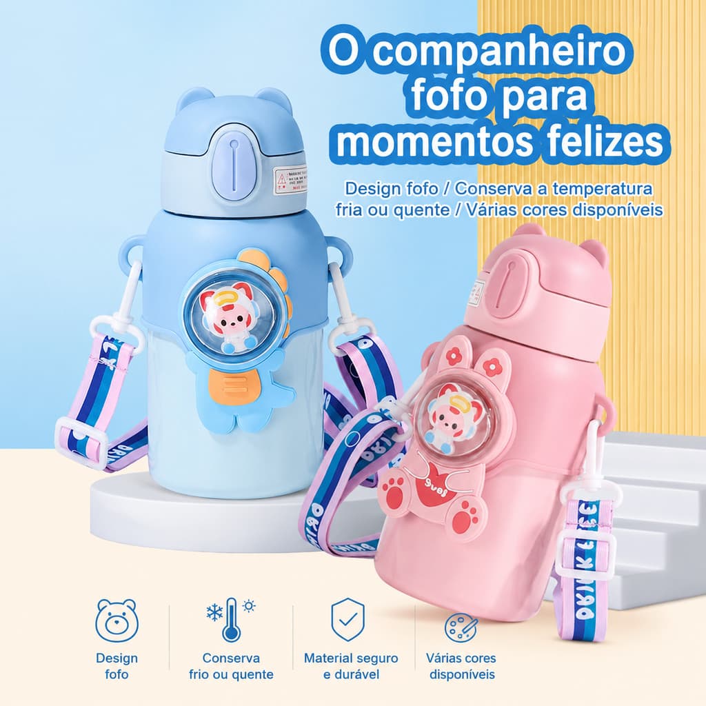 Garrafa térmica cartoon infantil cores pastel, abertura rápida, copo canudo seguro para criança TK-FM015
