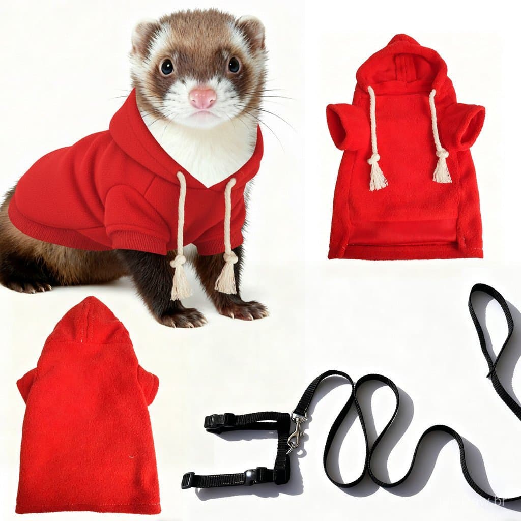 Roupa com Capuz para Furão com Coleira Ajustável e Guia, Traje Quente para Pequenos Animais de Estimação