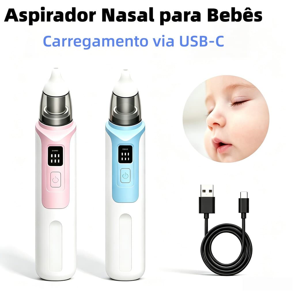 Aspirador Nasal Infantil Recarregável via USB, Ponta de Silicone Macio, Limpeza Nasal para Bebês
