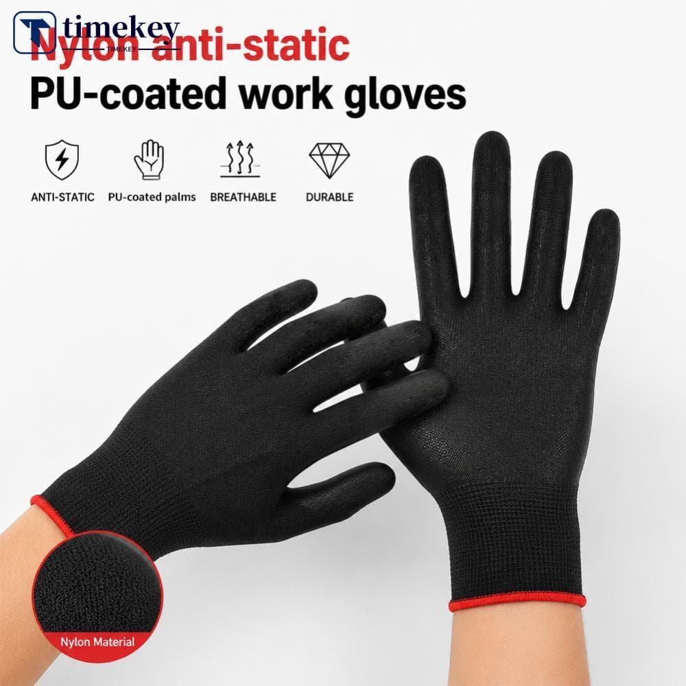 TIMEKEY 12 Pares De Nylon Antiestático Preto PU Luvas De Proteção Revestidas De Palma Trabalho Respiráveis Antiderrapant