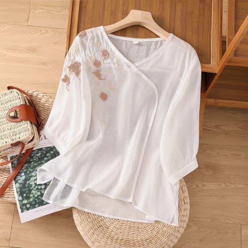 Balcão Shopping volta estilo chinês bordado com decote em V Ramie camisa feminina leve respirável Sub-manga topo ifww3.b