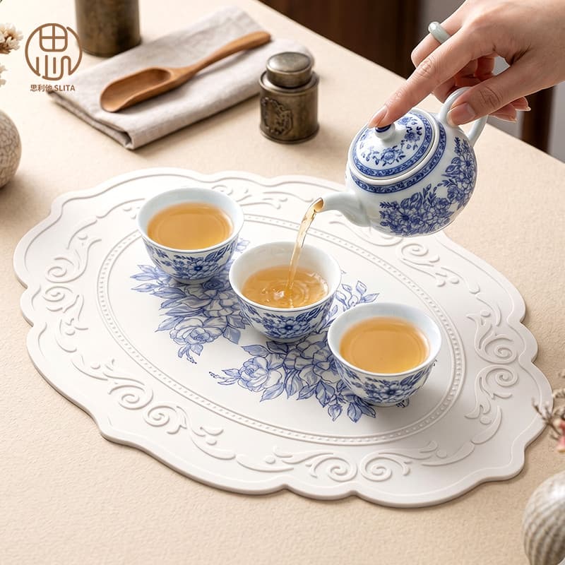 Chinês azul branco Silicone bule esteira de chá Coaster bandeja de chá esteira de mesa de chá à prova dwaterproof água b