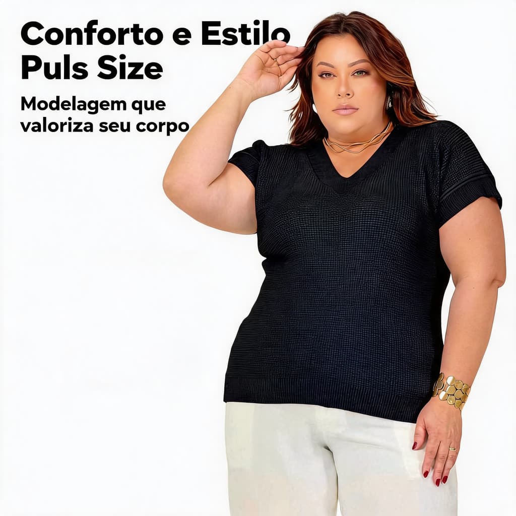 Blusa morcego de tricot plus size gola v preta manga curta modal