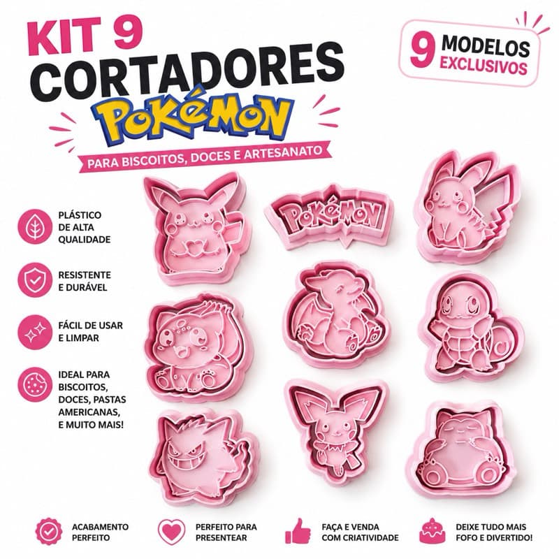 Kit 9 Cortadores Pokémon para Biscoitos e Pasta Americana Impressão 3D