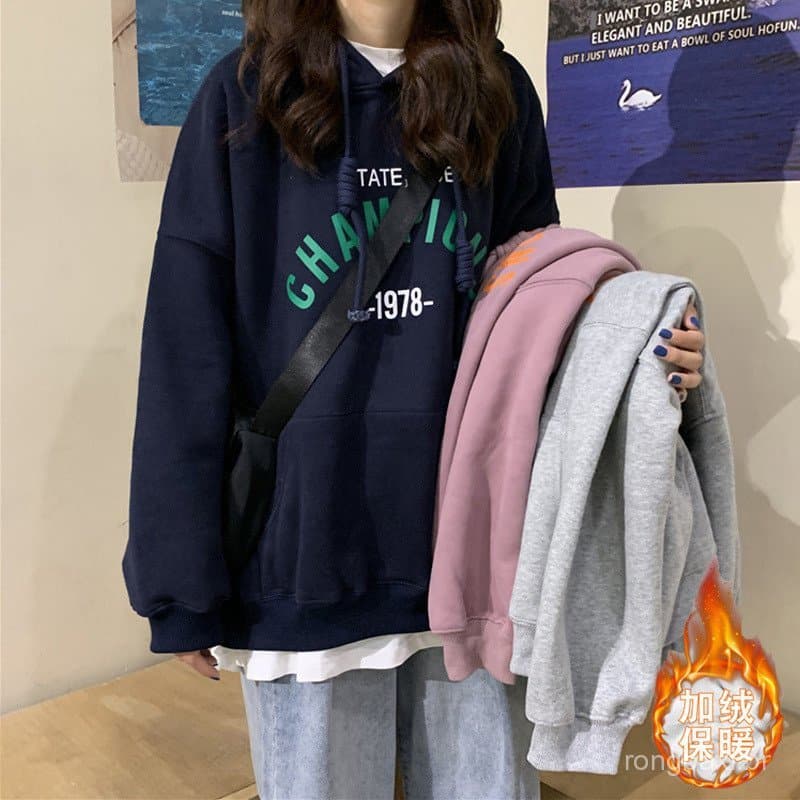 Fleece-Fleece moletom com capuz feminino 2025 outono inverno novo estilo versão coreana carta impressão estudante todos