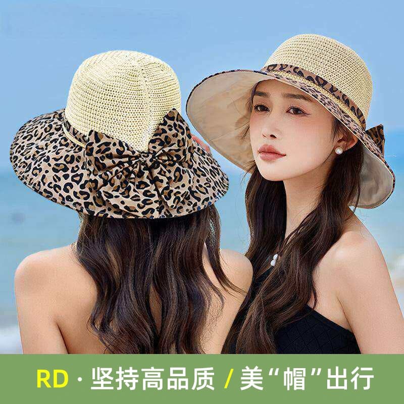 Arco leopardo impressão balde chapéu feminino verão palha tecido aba grande dobrável dupla camada pára-sol chapéu de sol