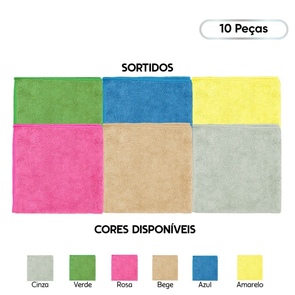 Kit 10 Panos de Microfibra Sortido Super Limpa 35 x 35 cm Appel Home