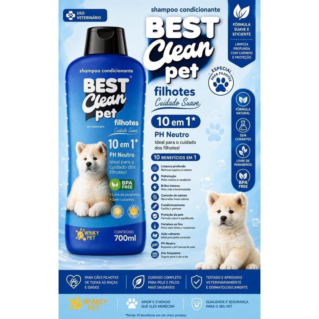 Shampoo Condicionante Best Clean Pet Filhotes 10 em 1 700ml pH Neutro Sem Parabenos - Limpeza Suave e Segura