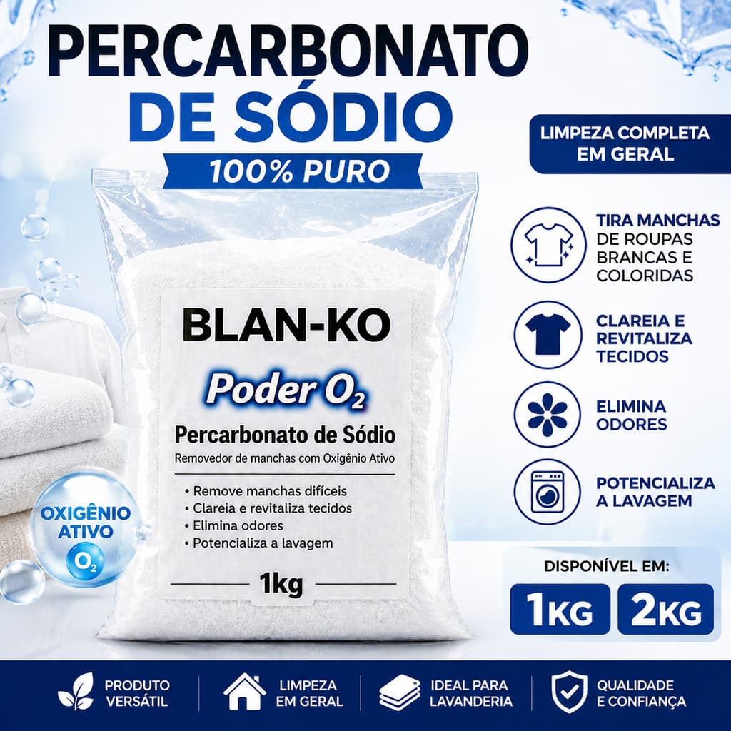 Percarbonato de Sódio BLAN-KO 100% Puro Tira Manchas Roupas Brancas e Coloridas 1kg 2kg