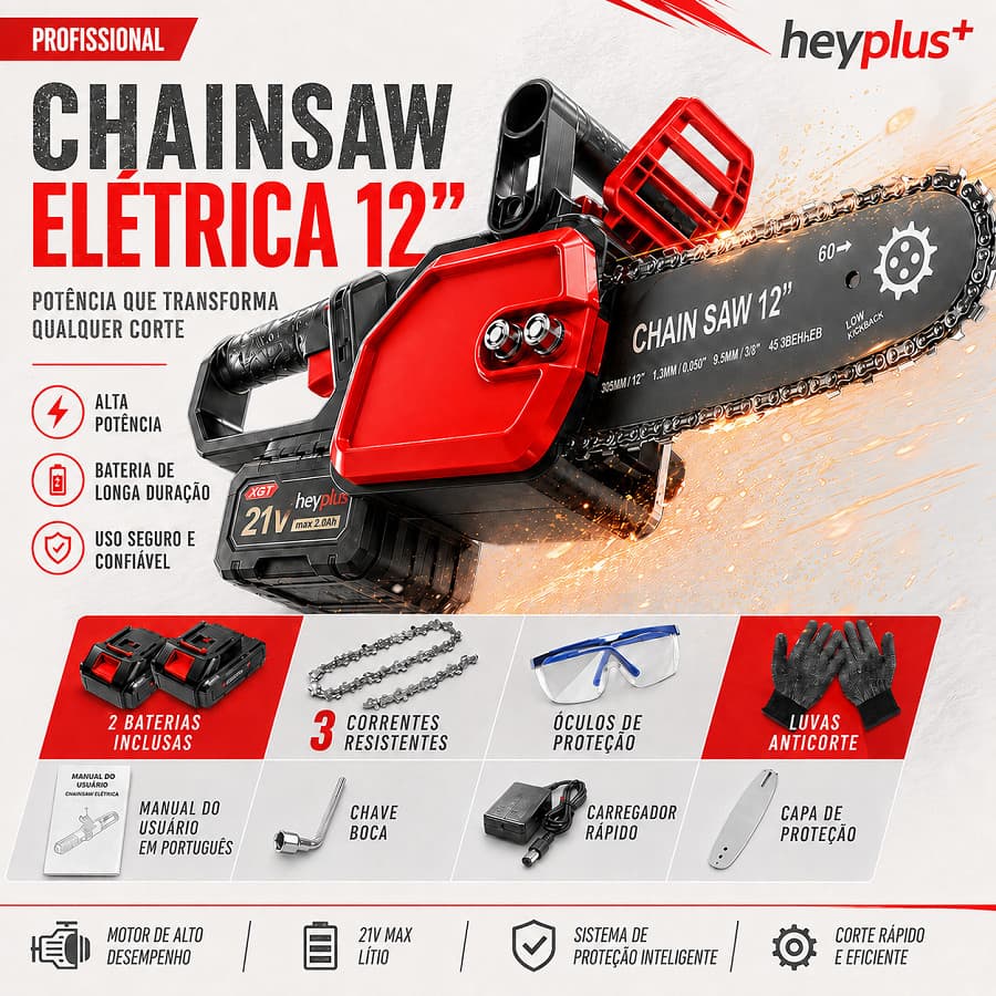 Chainsaw 21V 1200W 12" com 2 20.0Ah Baterias, Sem Fio - Segura para Jardim, Poda e Cortes Domésticos