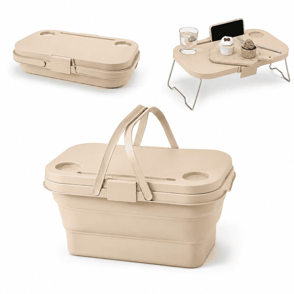 Cesta Piquenique Expansível Multiuso Vira Mesa Organizador Porta-Malas Camping Praia Bege