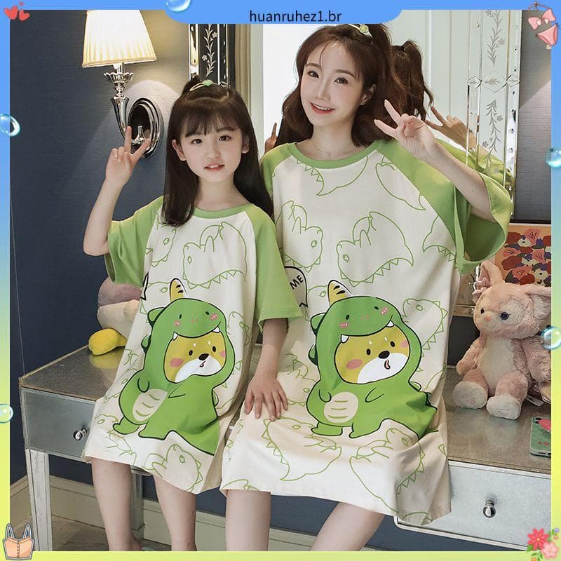Dinossauro mãe-filha pijamas meninas camisola verão fino manga curta médio grande crianças meninas médio