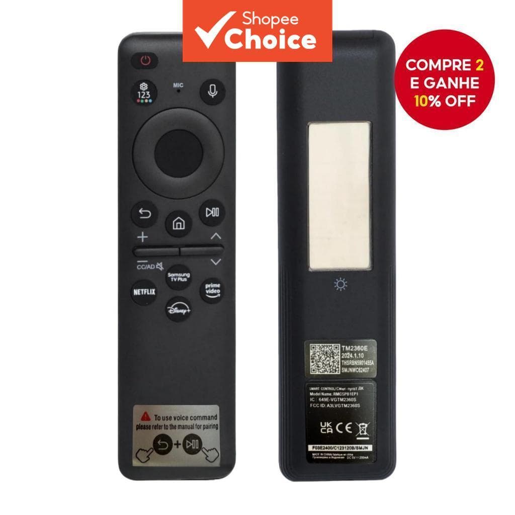 Controle Remoto Recarregável de Voz para Samsung Frame Solar Crystal QLED OLED Neo UHD CU8000 DU8000 CU7000 DU7200