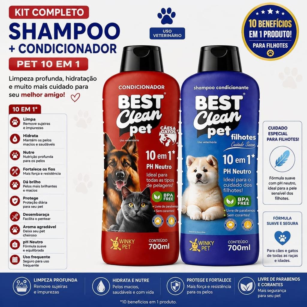 Kit Shampoo e Condicionador Filhotes Best Clean Pet 10 em 1 - 700ml cada, para cães e gatos