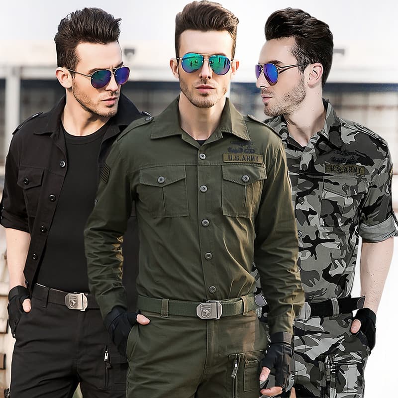 Camisa de trabalho americana masculina de manga comprida, roupa de rua, estilo militar, camisa camuflada verde, uniforme