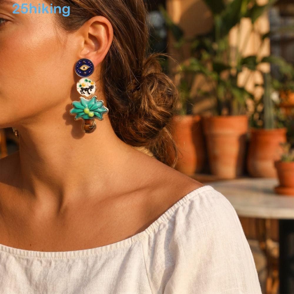 Brincos Pendurados Esmaltados Assimétricos , Geométricos De Flores Criativas , Brinco Pendurado Boêmio De Zircônia