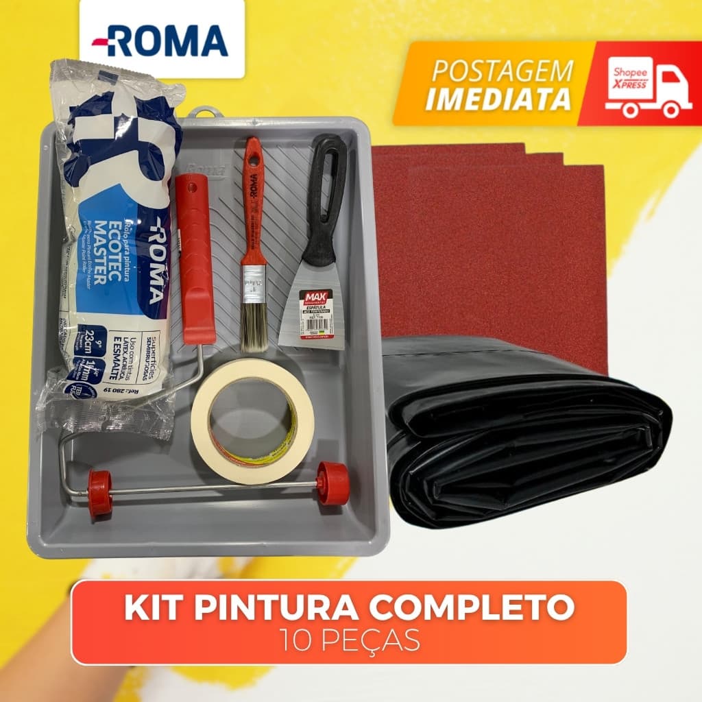 KIT PINTURA 9 ITENS: BANDEJA, 3 LIXAS , FITA CREPE, TRINCHA, ROLO, CABO, ESPATULA, LONA PLASTICA