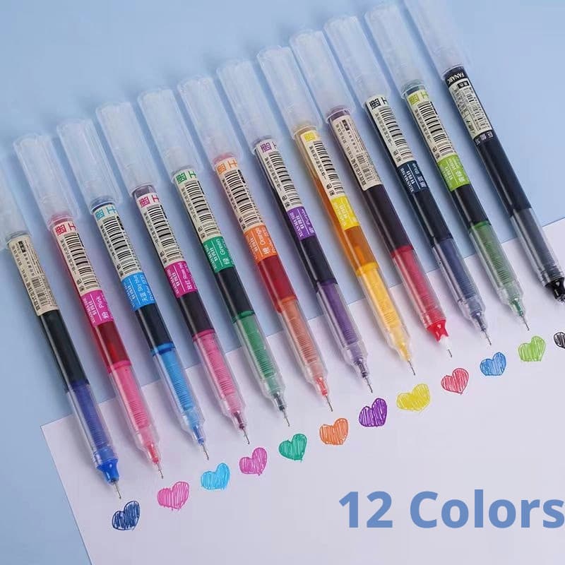 Caneta Rollerball Líquida Reta, Caneta Gel Colorida, 12 Cores de Secagem Rápida Grande Capacidade, Caneta-tinteiro Multi