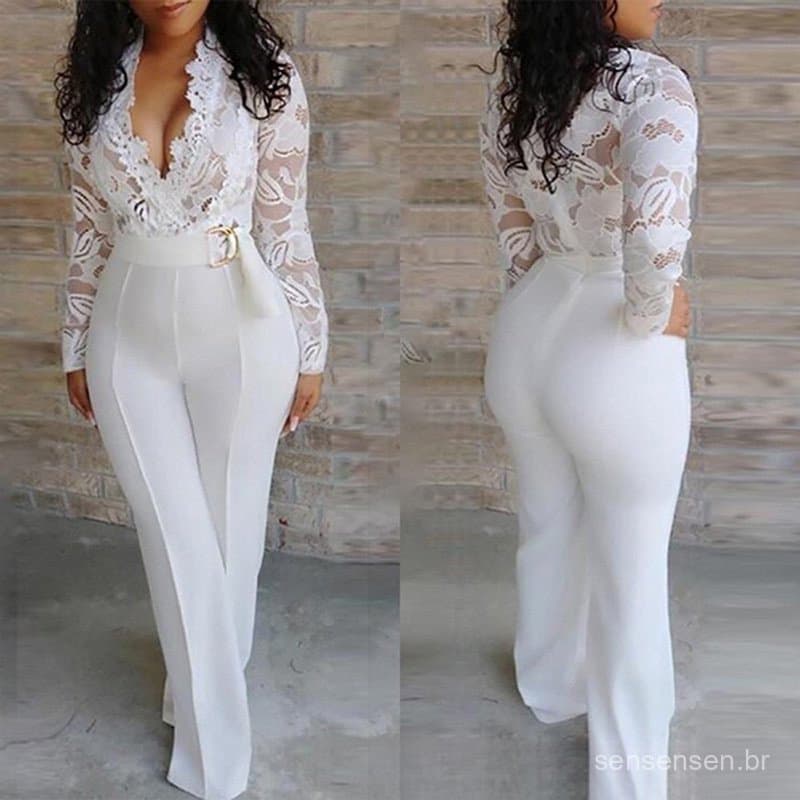 Macacão Longo Feminino De Renda Com Decote Em V De Manga Comprida In stock