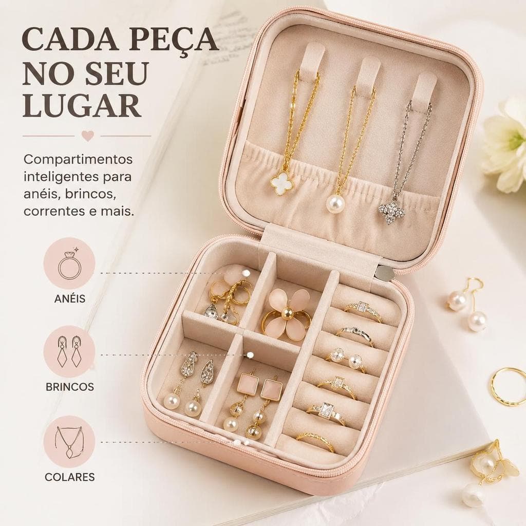 💎 Caixa Porta Joias Compacta Couro PU 11x11cm | Organizador Bijuterias Viagem