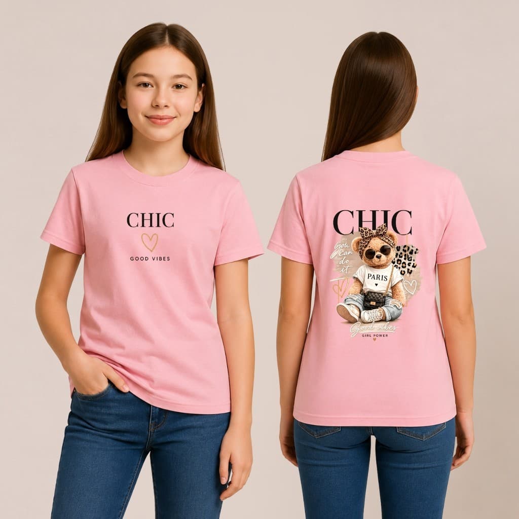 Camiseta infantil menina Urso Teddy Bear blusa algodão juvenil 1 ao 16