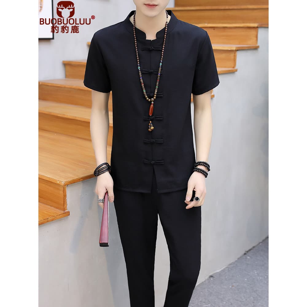 Verão masculino gelo seda fivela terno masculino preto Tang terno calças de duas peças terno imitação algodão linho de m