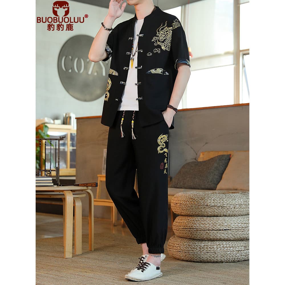 Verão Tang terno calças de manga curta masculino fino estilo chinês terno Retro gelo seda algodão meditação Layman fivel