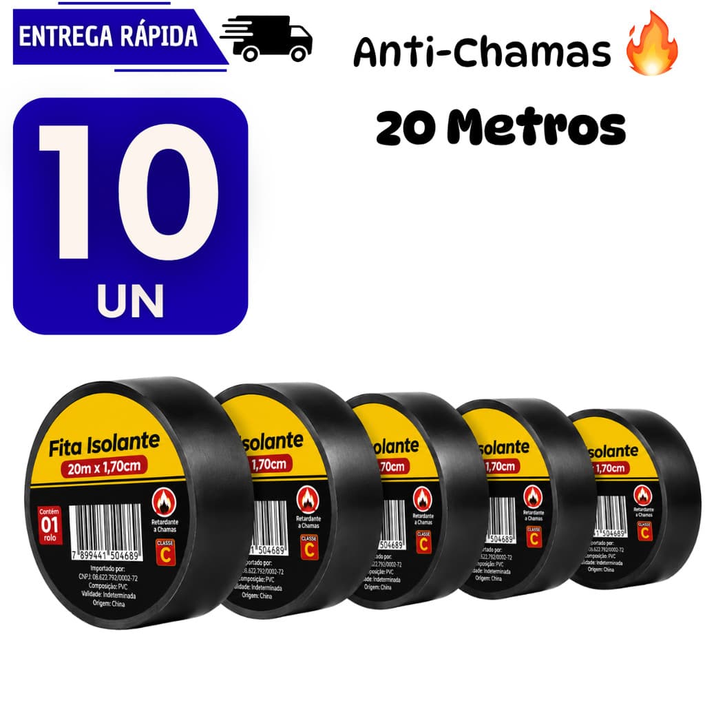 Kit 10 Fita Isolante Preta 20 metros Anti Chamas Instalação Elétrica Alta Resistente Fitas Fio Fogo Cabos Manutenção