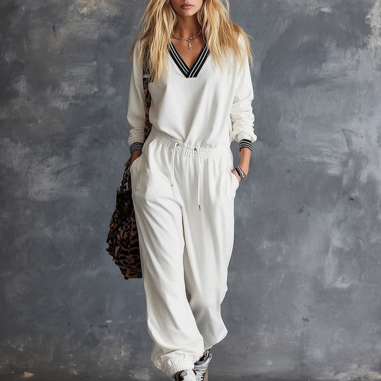 Conjunto de duas peças feminino casual com decote em V e manga comprida e calças de cintura alta com cordão, estilo euro