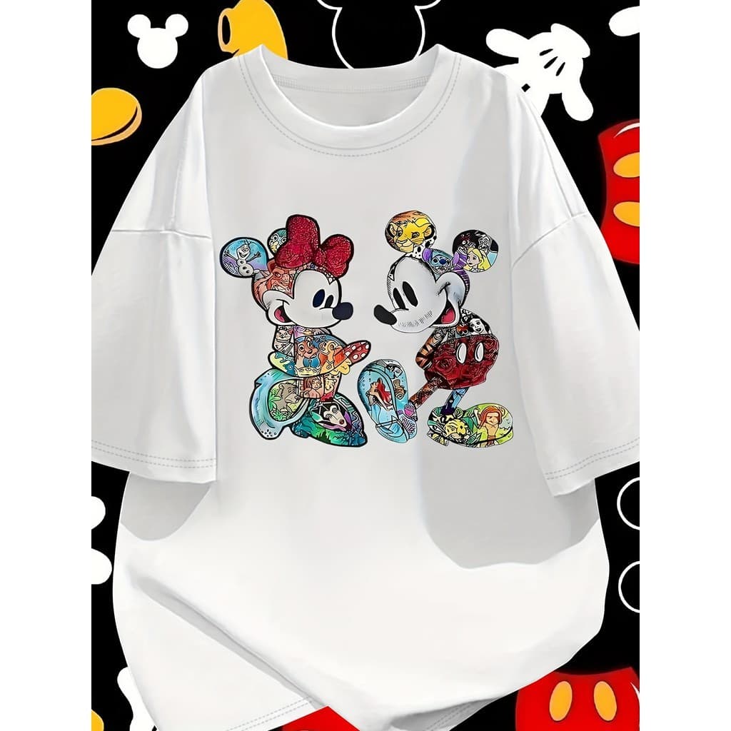 Camiseta Feminina Casual Plus Size De Algodão Com Estampa Divertida Do Mickey E Da Minnie