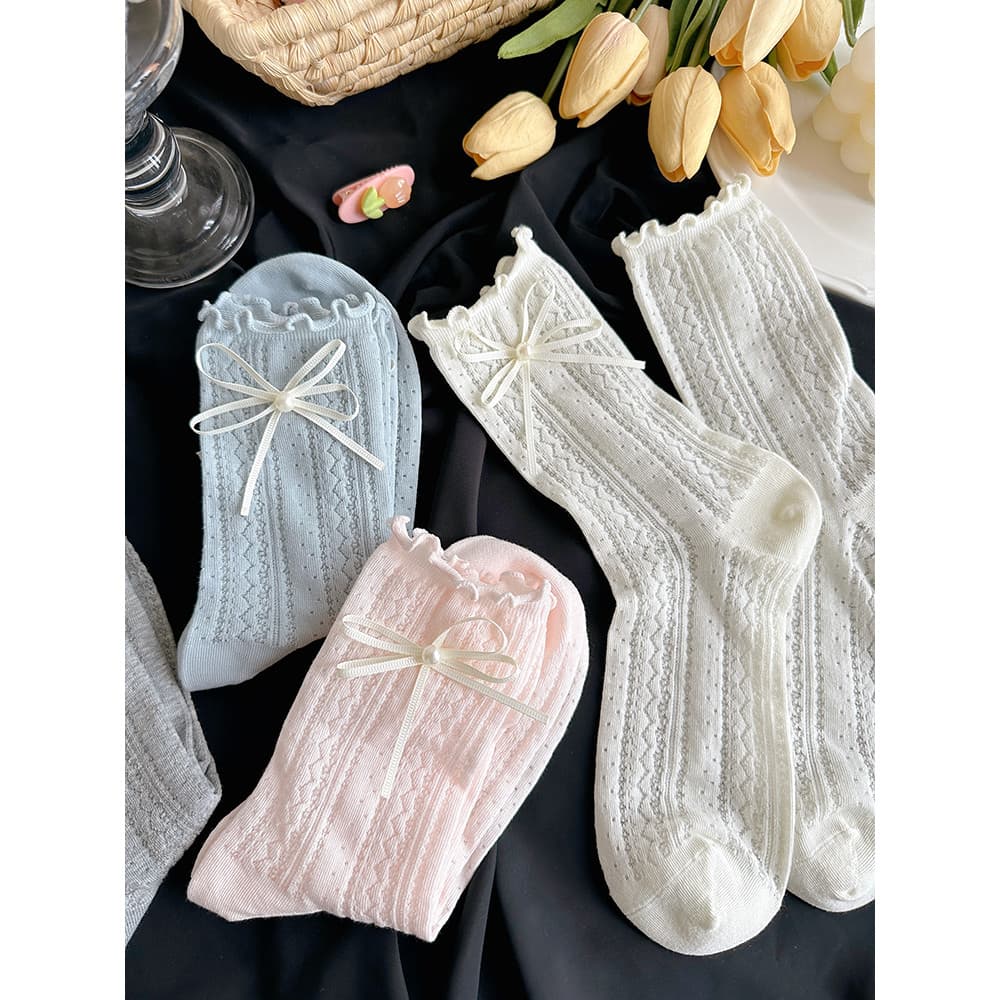 Estilo Preppy Bowknot meias femininas verão estilo fino desossado fungo borda pequenos sapatos de couro Lolita tubo médi