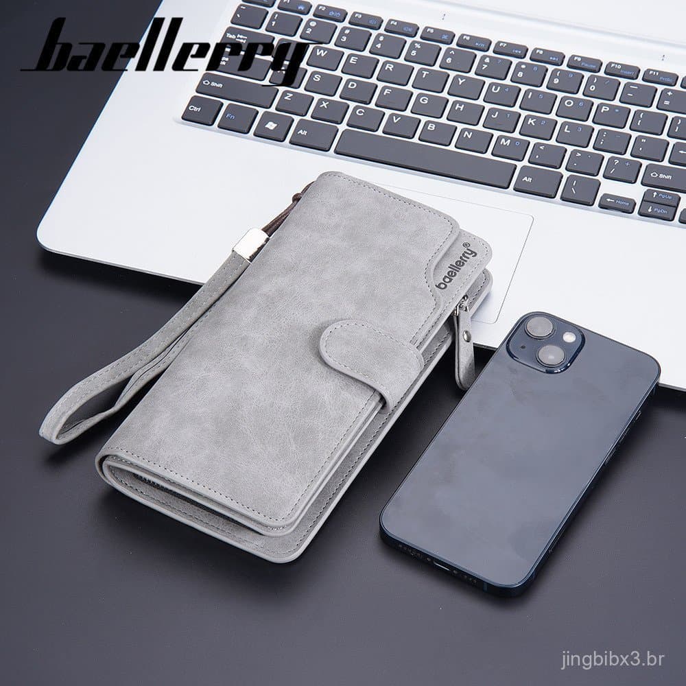 [Venda Quente] Nova Carteira Masculina Baellerry com Zíper, Múltiplos Compartimentos para Cartões, Bolsa de Mão Vintage