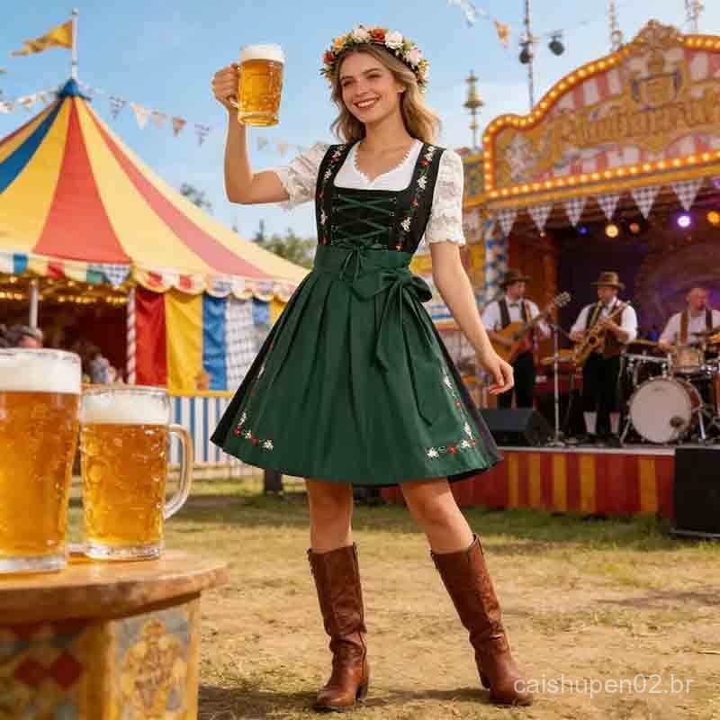 Vestido Vintage de Cerveja de Manga Curta para Mulheres da Oktoberfest da Alemanha A6IR