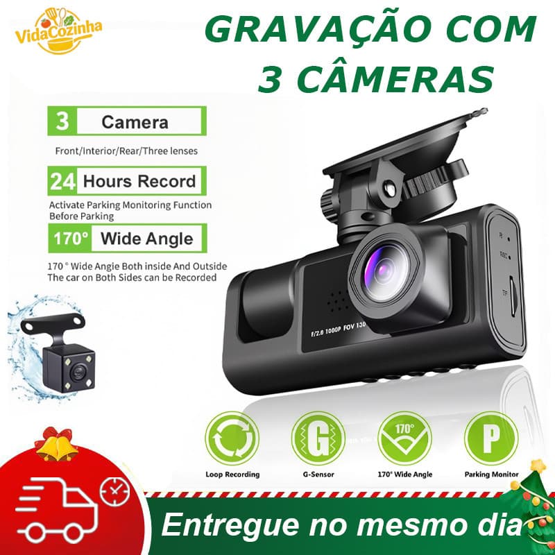 Gravador Veicular Tela Ventosa 3 Lentes (Frontal + Interna + Traseira) com Tela LCD | DVR Automotivo com Visão Noturna