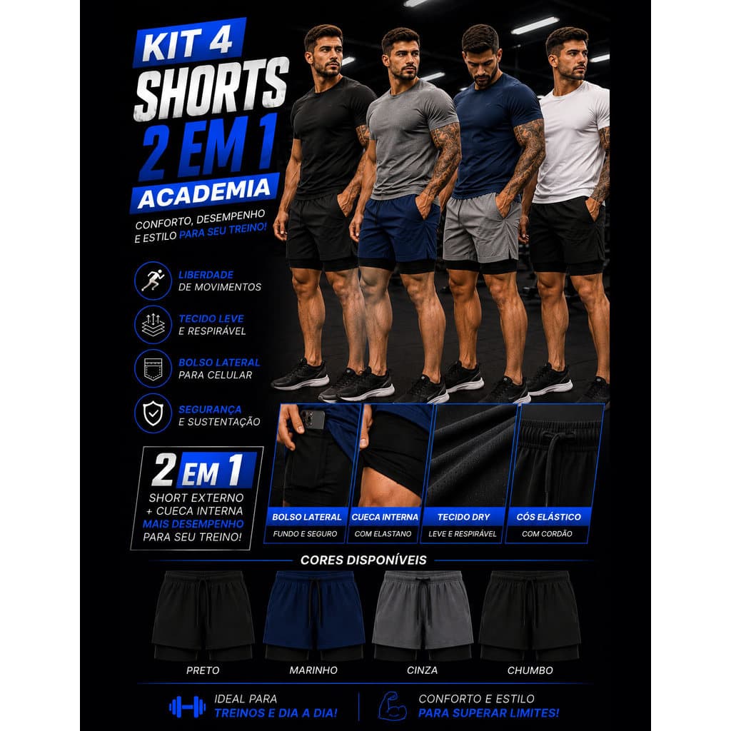 Kit 4 Short's Academia 2 em 1 Short Masculino Esporte Bermuda Treino Masculina