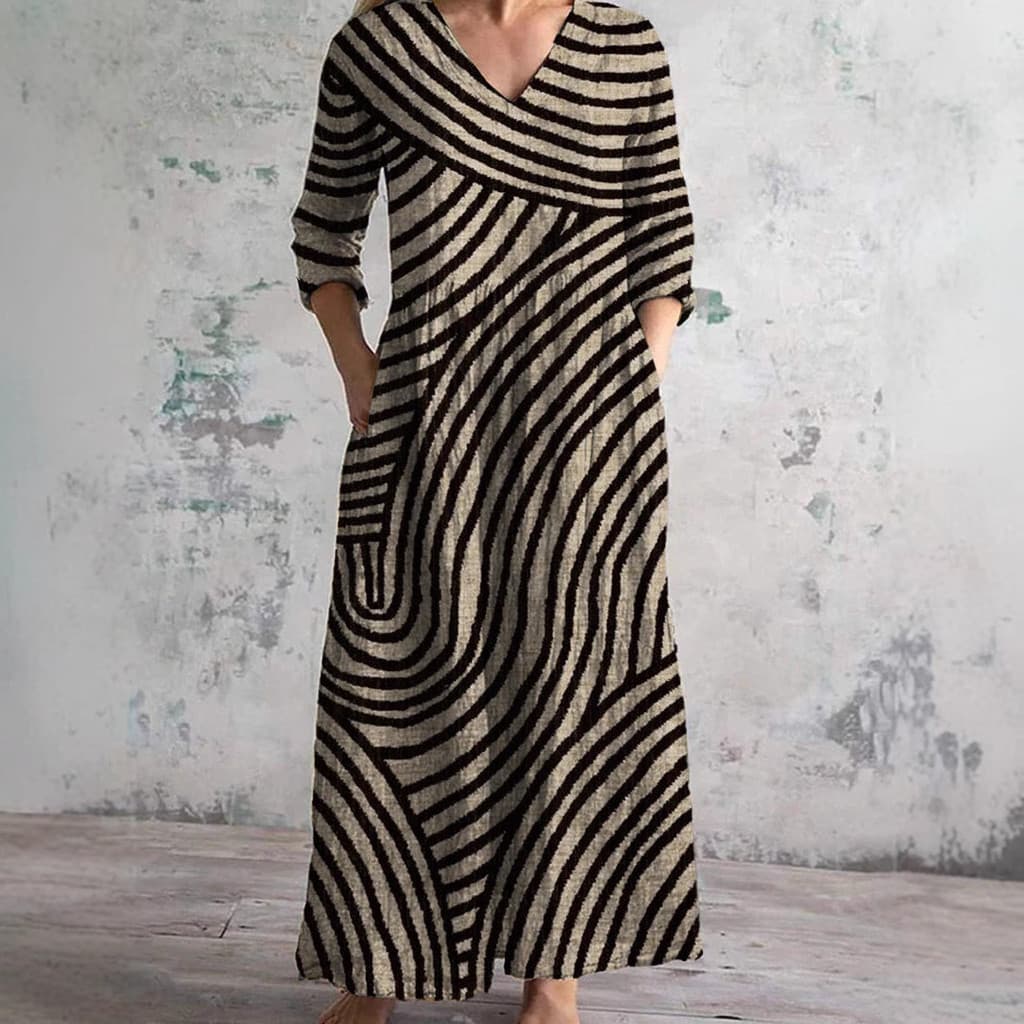 Cross-Border 2026 verão novo estilo feminino solto moda High-End com decote em V vestido impresso