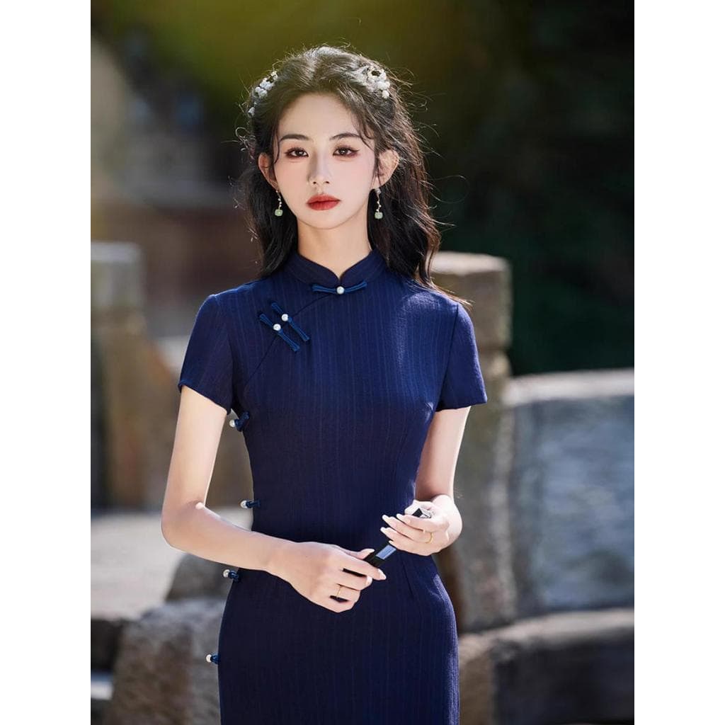 2025 primavera verão novo estilo estiramento algodão linho listrado cheongsam Retro elegante estilo literário melhorado