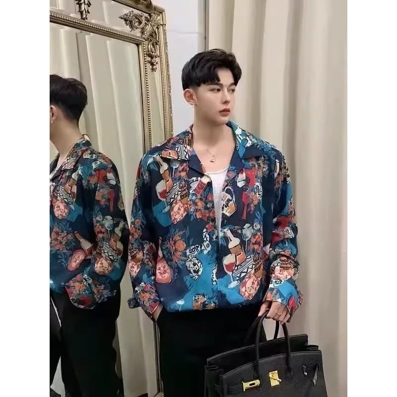 Camisa de garrafa de vinho estilo Paris francês masculino nicho cabeleireiro camisa estilo Hong Kong Retro fino Floral j