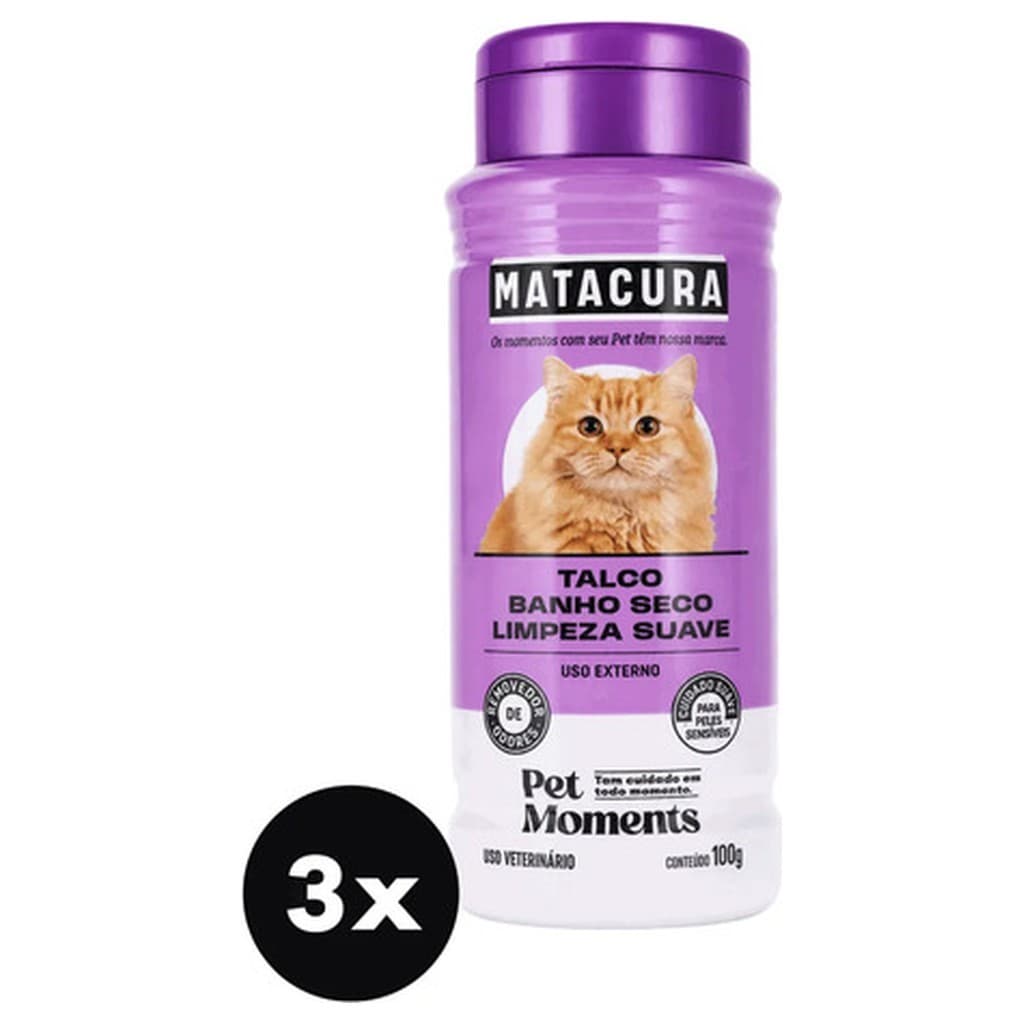 Kit 3 Talcos Banho Seco Matacura 100g Limpeza Suave Gato Pelagem Higiene Sem Enxágue Pó Seco Filhotes