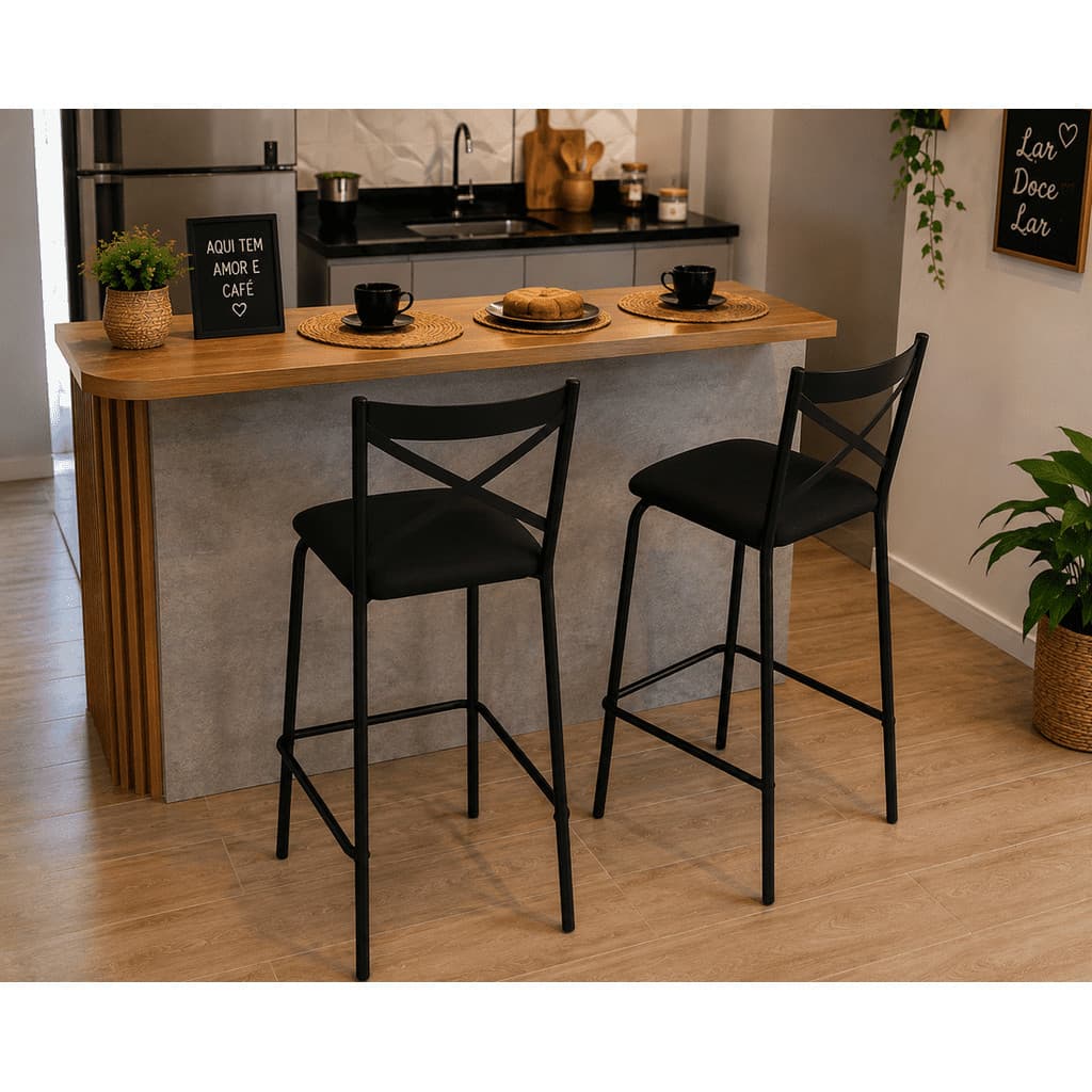 Banqueta Alta Preta com Encosto para Cozinha Balcão Bancada Área Gourmet Banco Alto