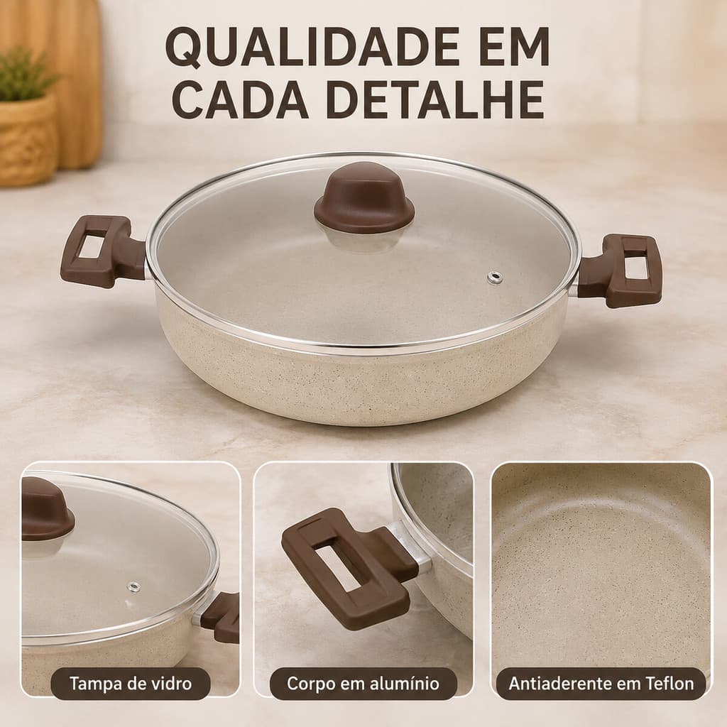 Panela Caçarola Cerâmica Antiaderente Rocca Bege com Tampa de Vidro Varios Tamanhos
