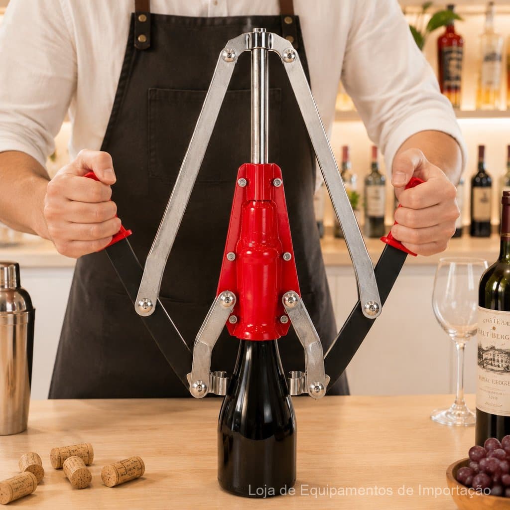Rolha de vinho manual com duplas hastes, feita de aço inoxidável, projetada para preparação manual profissional.