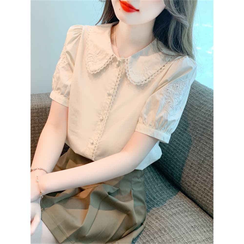 Gola de boneca oco manga curta Chiffon camisa feminina vestido de verão 2026 novo estilo renda Design superior sentiment