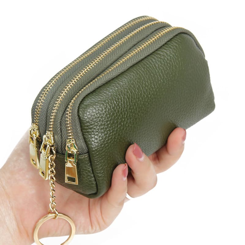 carteira feminina carteira feminina pequena Bolsa de moedas fofa feminina de couro genuíno de três camadas com chave mãe