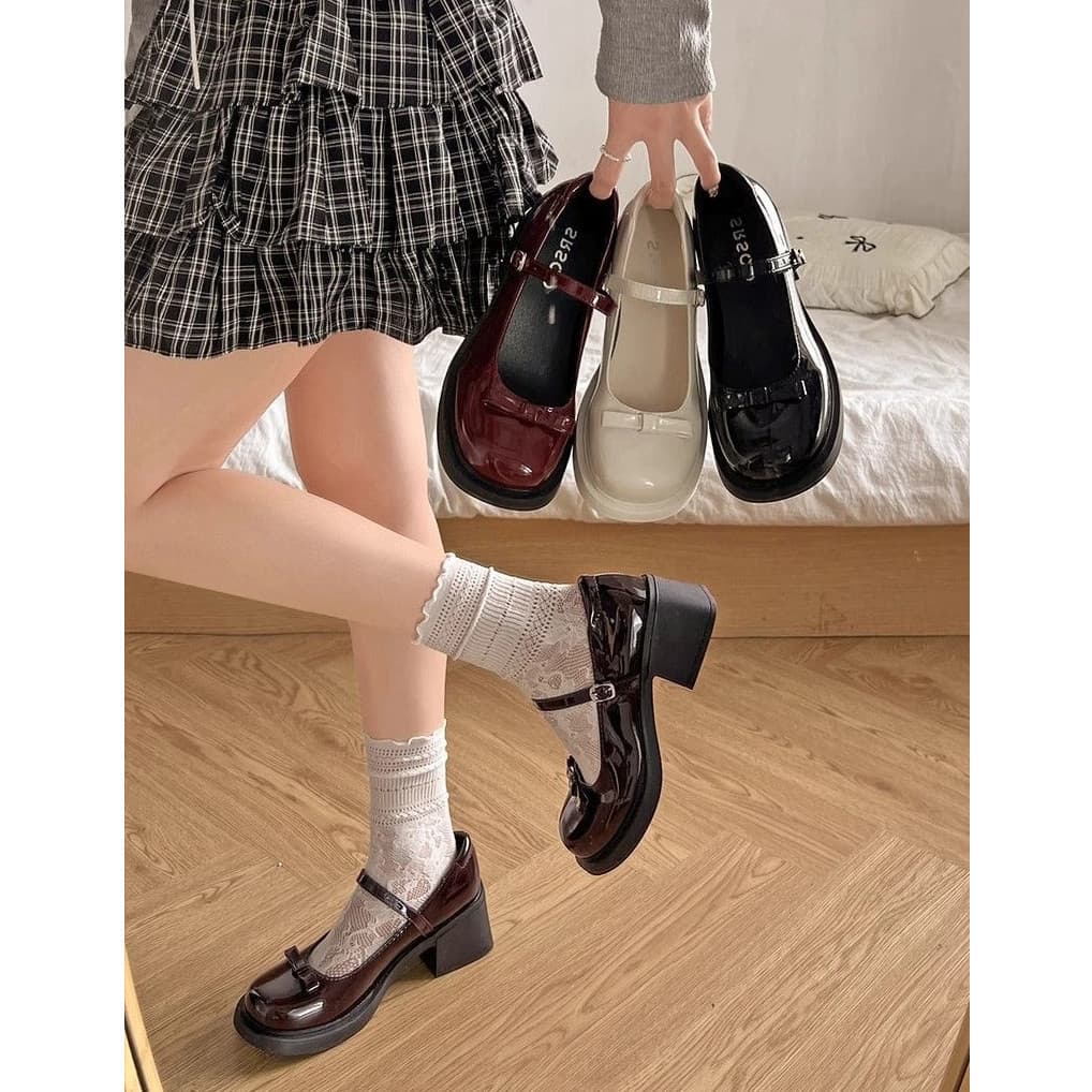 UMYY 33DB Novos Sapatos de Salto Alto Femininos Estilo Mary Jane com Laço, Estilo Retro Francês JK, Sapatos de Couro Gro